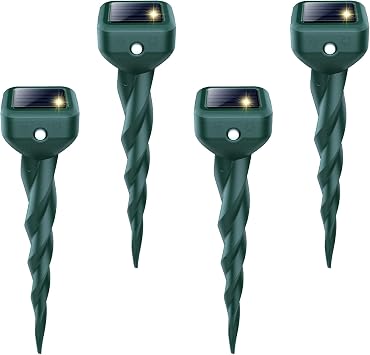 Mole Repellent Solar Powered, 4 Pack Snake & Skunk Repellent for Yard, IP 65 Waterproof Ultrasonic Deterrent Stakes, Get Rid of Rabbit, Gopher, Vole, Chipmunk, Deer, Groundhog for Lawns Garden