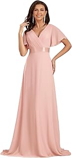 A-línea Vestido de Fiesta Cuello en V Manga Corta Gasa Corte Imperio para Mujer 09890