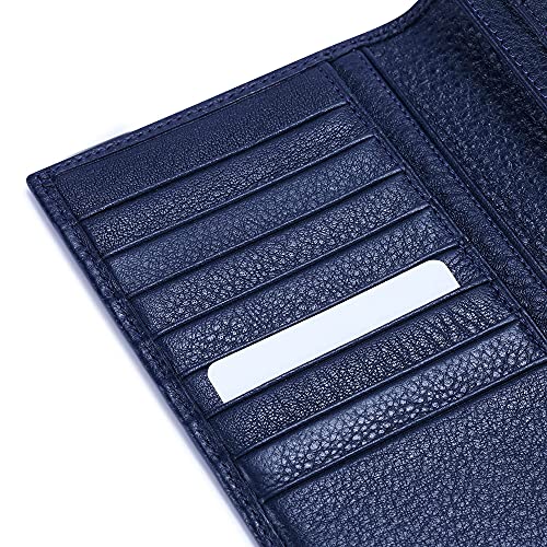 Image of HISCOW Full Grain Leather Men's Long Wallet, 15 Card Slots, Pebbled Blue, 6.97 inchH x 3.5 inchW x 0.98 inchD, Classic | Gusseted bill compartment, tall bifold design, clear ID window, ideal for coat pockets or briefcases, turned-edge, gift box