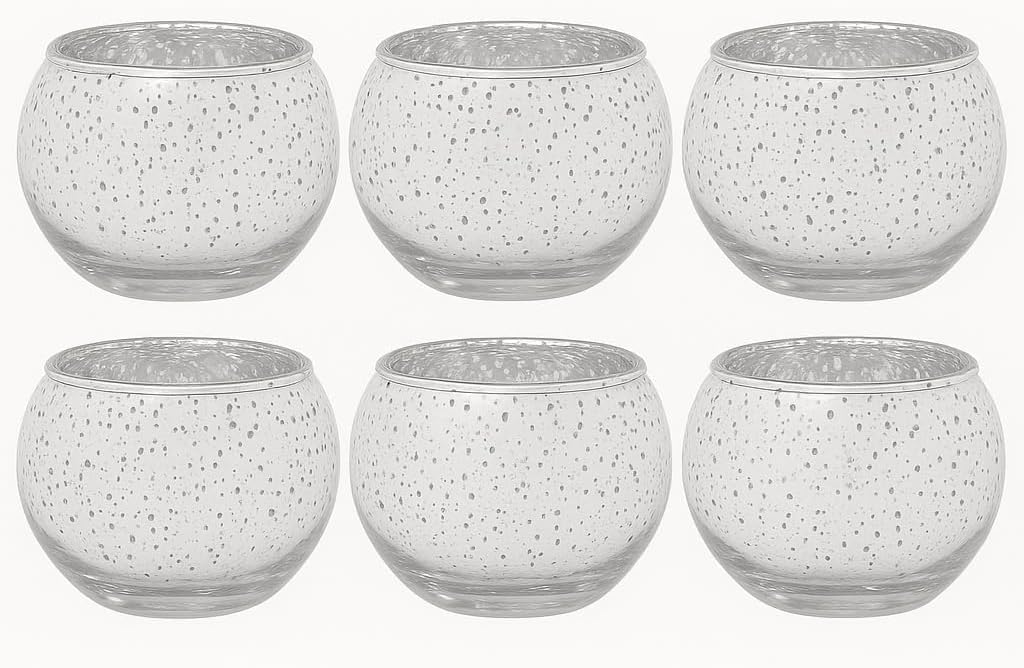 Set of 6 Round Globe Tealight Votives Candle Holder - Silver Mercury Glass