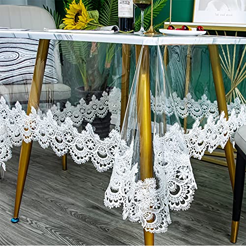 Rozix Transparent Tablecloth Pvc Waterproof Protective Film - Transparent Lace Rectangular Restaurant Kitchen Tablecloth Pad！ (Ancient Pottery-Clean White, 43.3''*62.9'' (Including Lace Lining)) #TOP1
