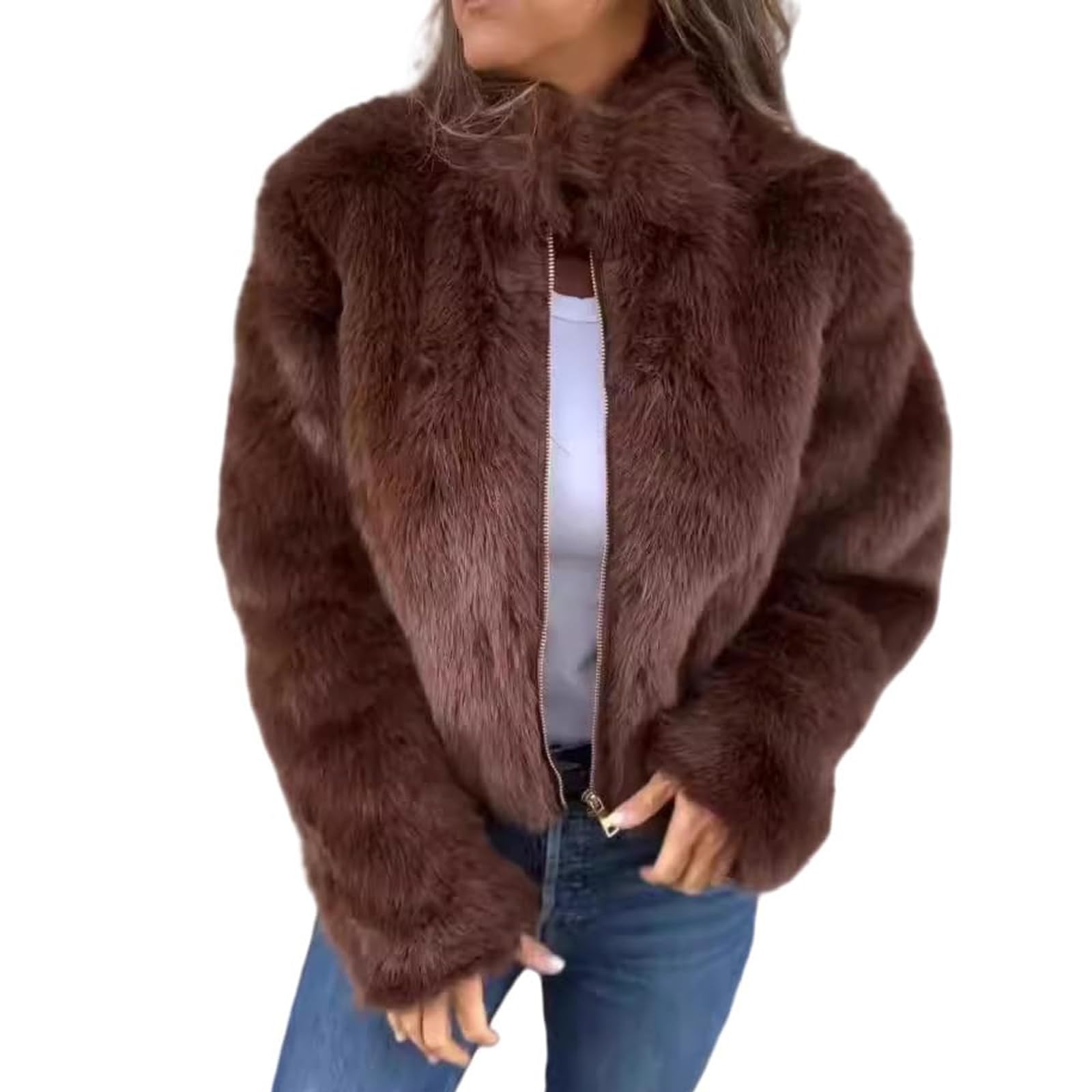 Nbzsmlkn Women's Brown High Collar Fur Zipper Casual Jacket,Shaggy Warm Open Front Cardigan Coat Casual Long Sleeve Fluffy Outerwear, Cropped Faux Fur Jacket (,L)