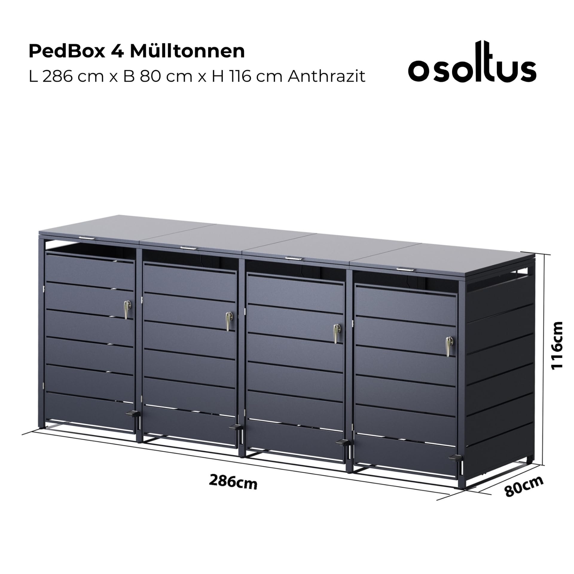 Mülltonnenbox PedBox Fußpedale | Mülltonnen bis 240 Liter | Aluminiumrahmen verzinkte Stahlbleche Anthrazit | Mülltonnenbox Metall verzinkt Deckel und Tor abschließbar (4 x bis 240 Liter)
