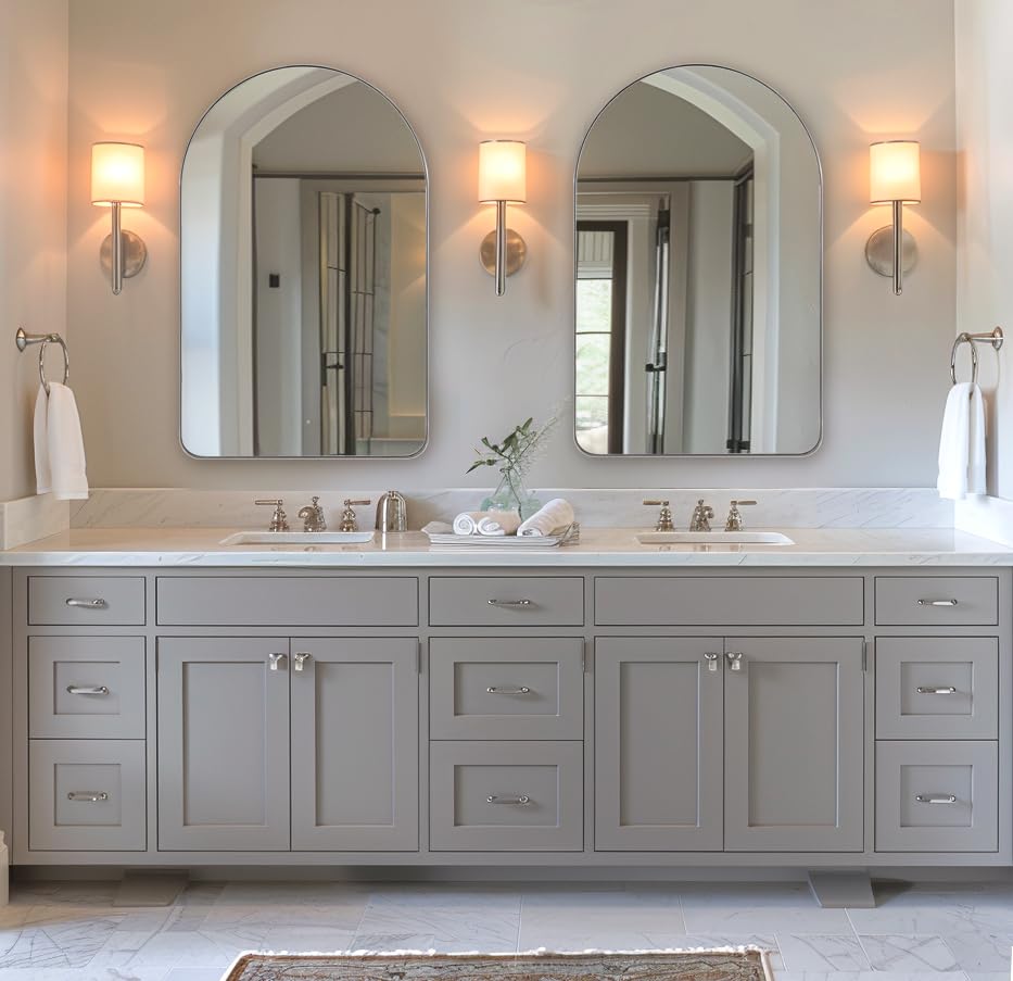 Image of Arch Mirror, 24 inch x 38 inch Arched Chrome Mirror in Stainless Steel Metal Frame, Chrome Bathroom Mirror for Wall, Arch Top Rounded Corner 1 inch Deep Set Design Wall Mount Hangs Vertical
