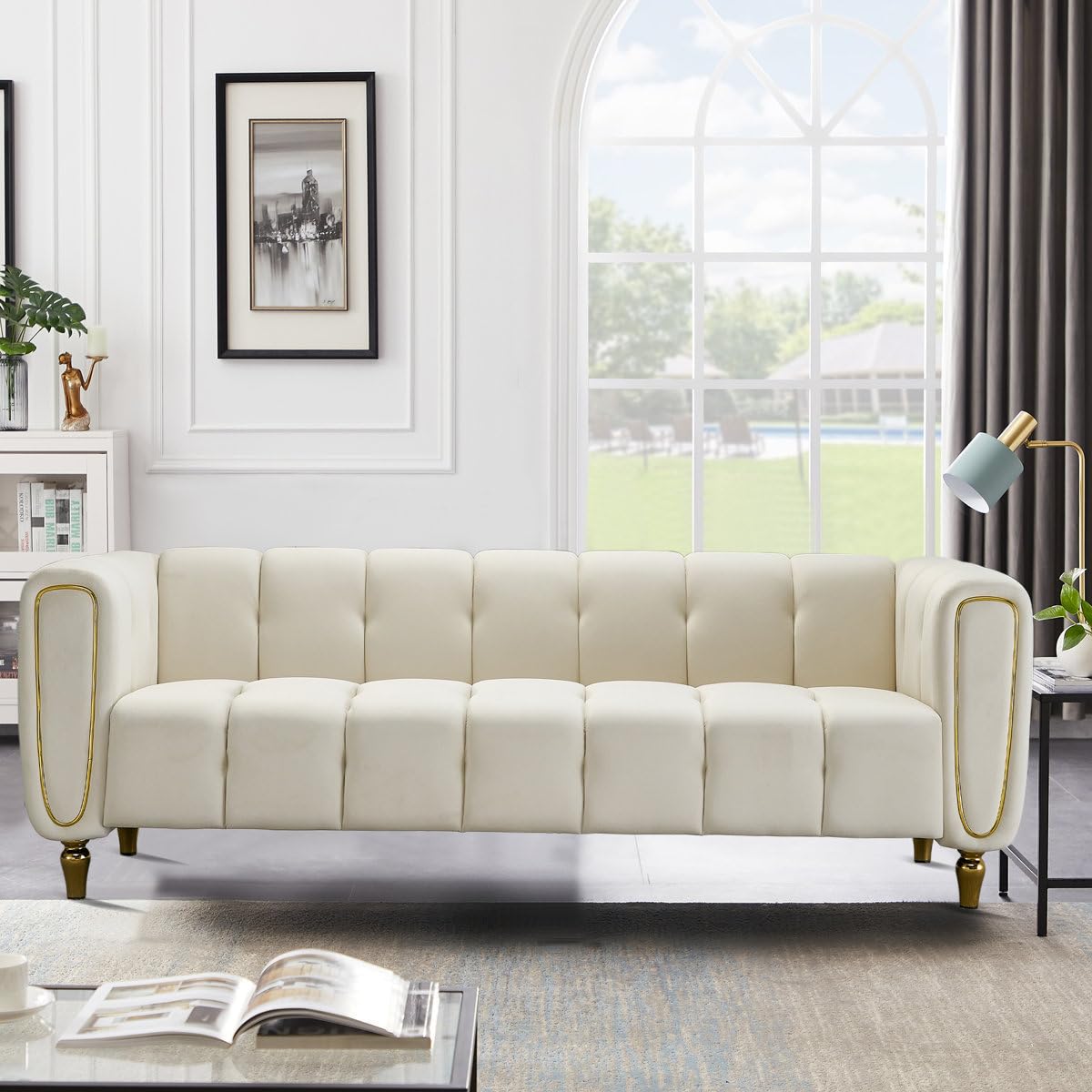 Emillee Luxury 3 Seater Velvet Sofa | Premium Upholstered Sofa with Solid Wood Frame | Electroplated Gold Finish Metal Legs | Modern Designer Couch for Living Room | Beige-image-3