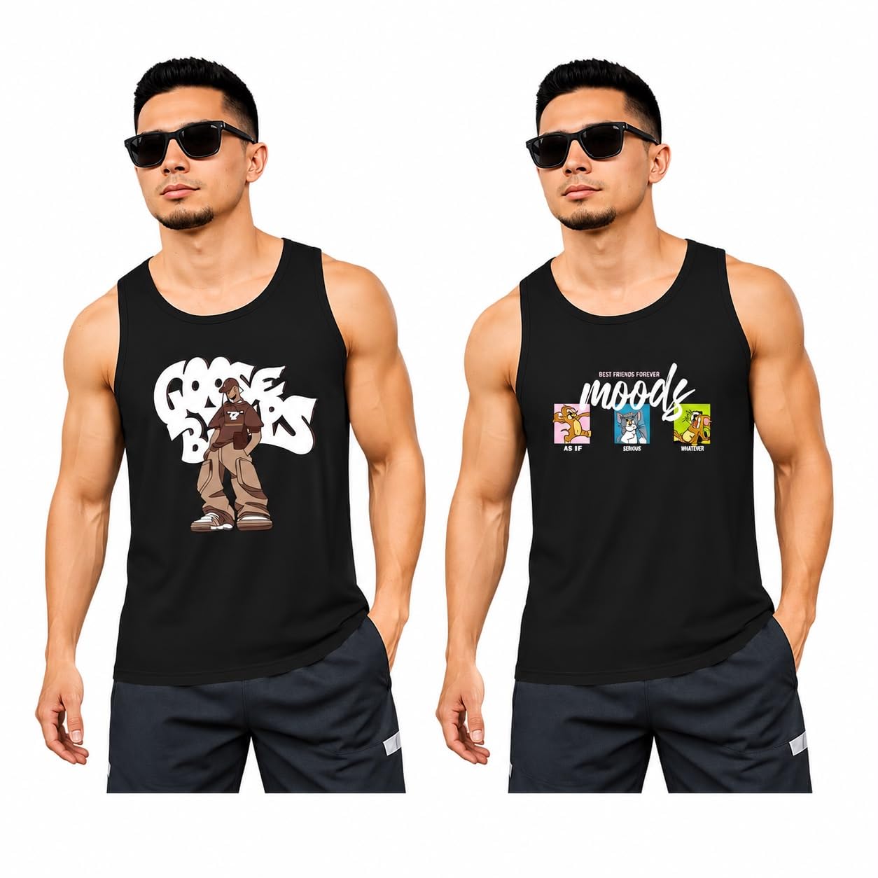 Men's Printed Sleeveless Tank Top Round Neck Casual Gym Sports Vest Black-picture-12