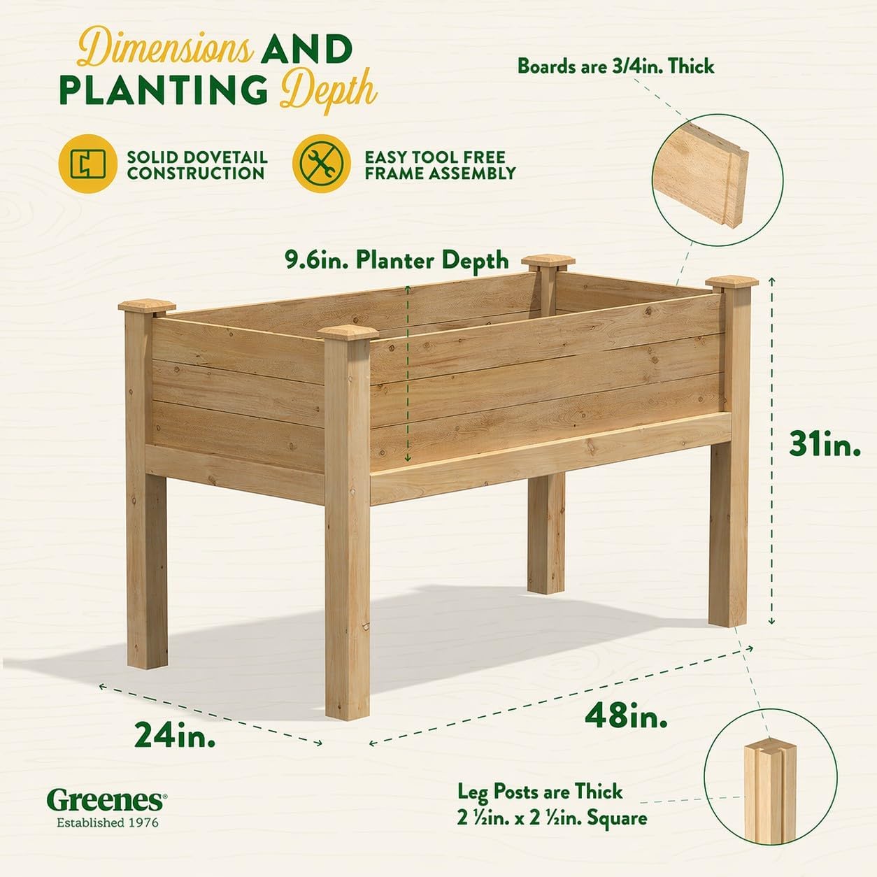 Greenes Fence Premium Cedar Elevated Garden Bed, 24" W x 48" L x 31" H (3/4" Thick) - Made in USA with North American Cedar
