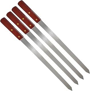 SDMAX Long BBQ Barbecue Skewers, Wooden Handel Set of 2 4 6 8 12 BBQ Grilling Kebab Skewers Flat Reusable Metal Skewer Sticks for BBQ, Cocktail, Shish Kabob, Party Essentials, 58CM Long (Pack of 4)