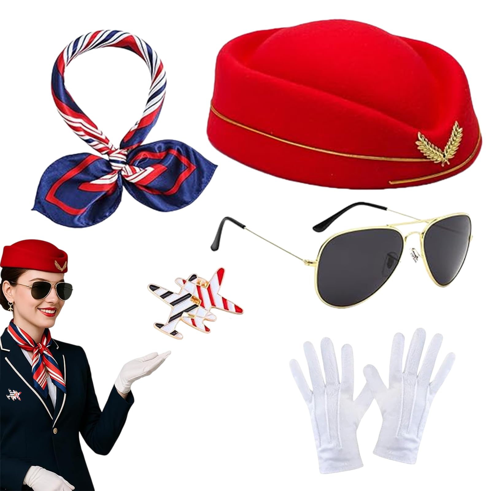 MUNSKT 5Pcs Flight Attendant Costume Accessories Set,Creative Airline Stewardess Dress Set with Scarves Stewardess Hat Gloves Sunglasses Brooch Carnival Fancy Dress Up Cosplay Outfit. (Red)