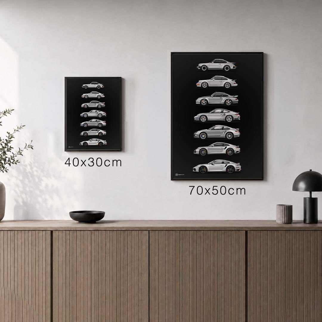 Cartistry Auto Poster 911 Turbo Generationen, 40x30cm, Holzrahmen Schwarz | Geschenk für Männer, Geschenk für Autoliebhaber