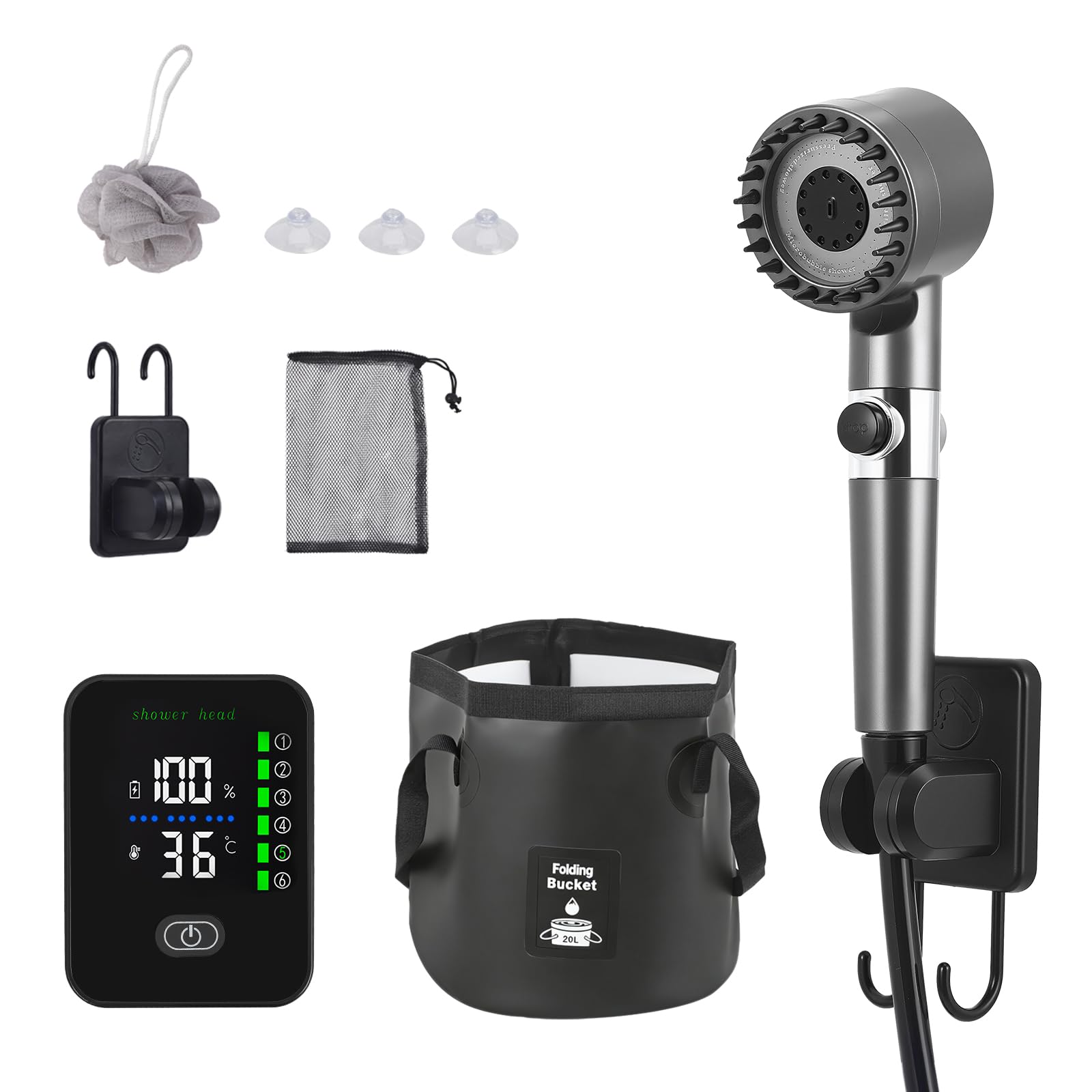 Doccia Da Campeggio, Con Secchio Pieghevole 20L, 8000 Mah Doccia Ricaricabile Portatile, Impermeabile Ipx7, Con Display Digitale Intelligente Per Spiaggia Giardino Lavaggio Auto (No riscaldatore)