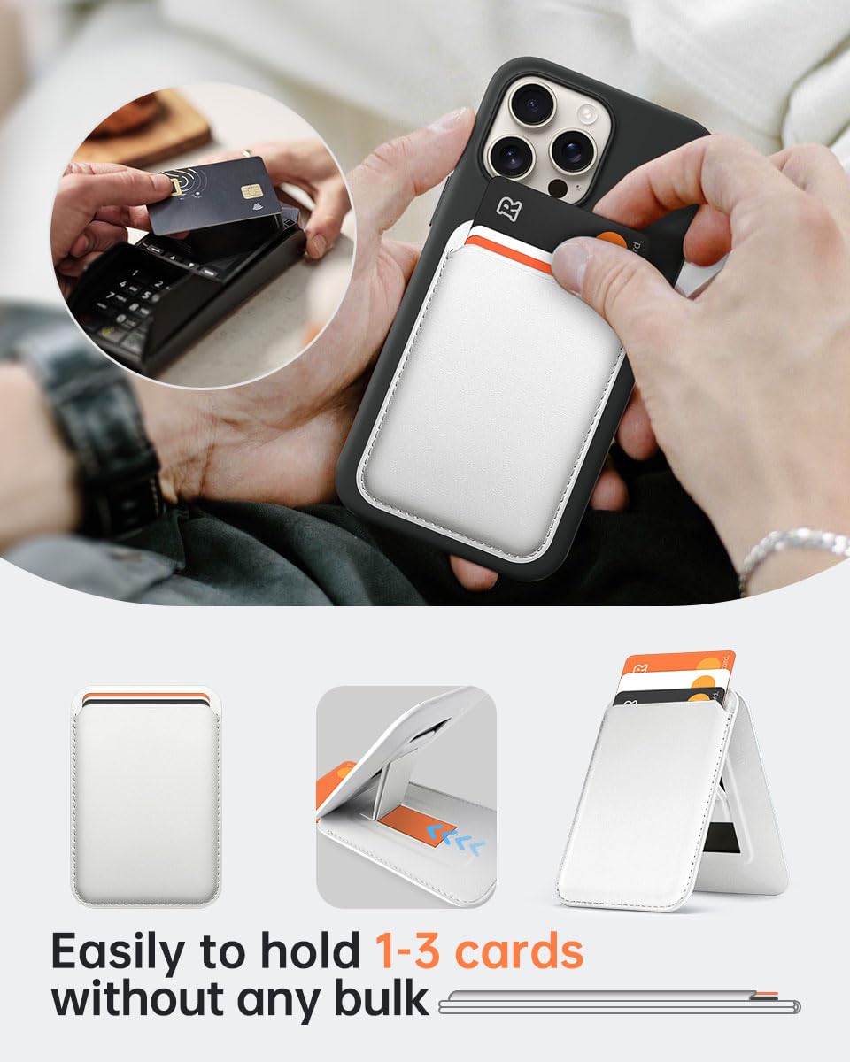 OCASE Porta Carte Magnetico, Supporto Regolabile, Compatibile con MagSafe, in Pelle Sintetica, per iPhone Serie 17/16/15/14/13/12 (Escluso Serie Mini) e Custodia per MagSafe - Bianco