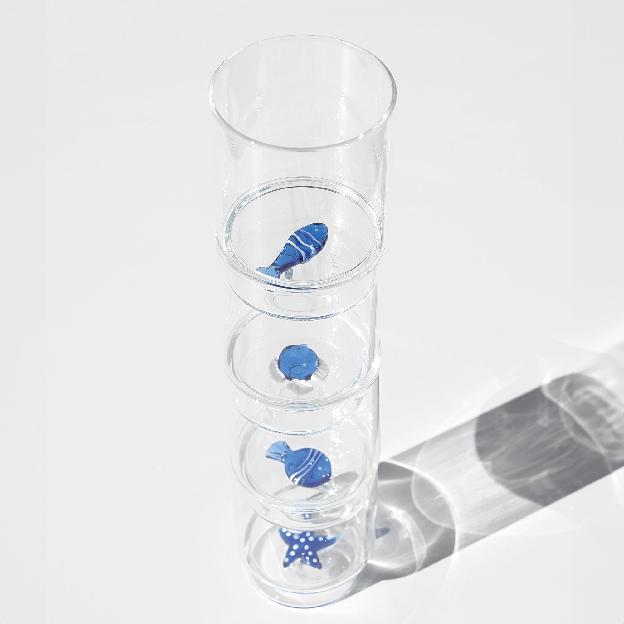 Zafferano Set di 6 bicchieri Tumbler Teca Mare con motivo pesce a globo in vetro borosilicato artigianale trasparente, design impilabile ed ergonomico