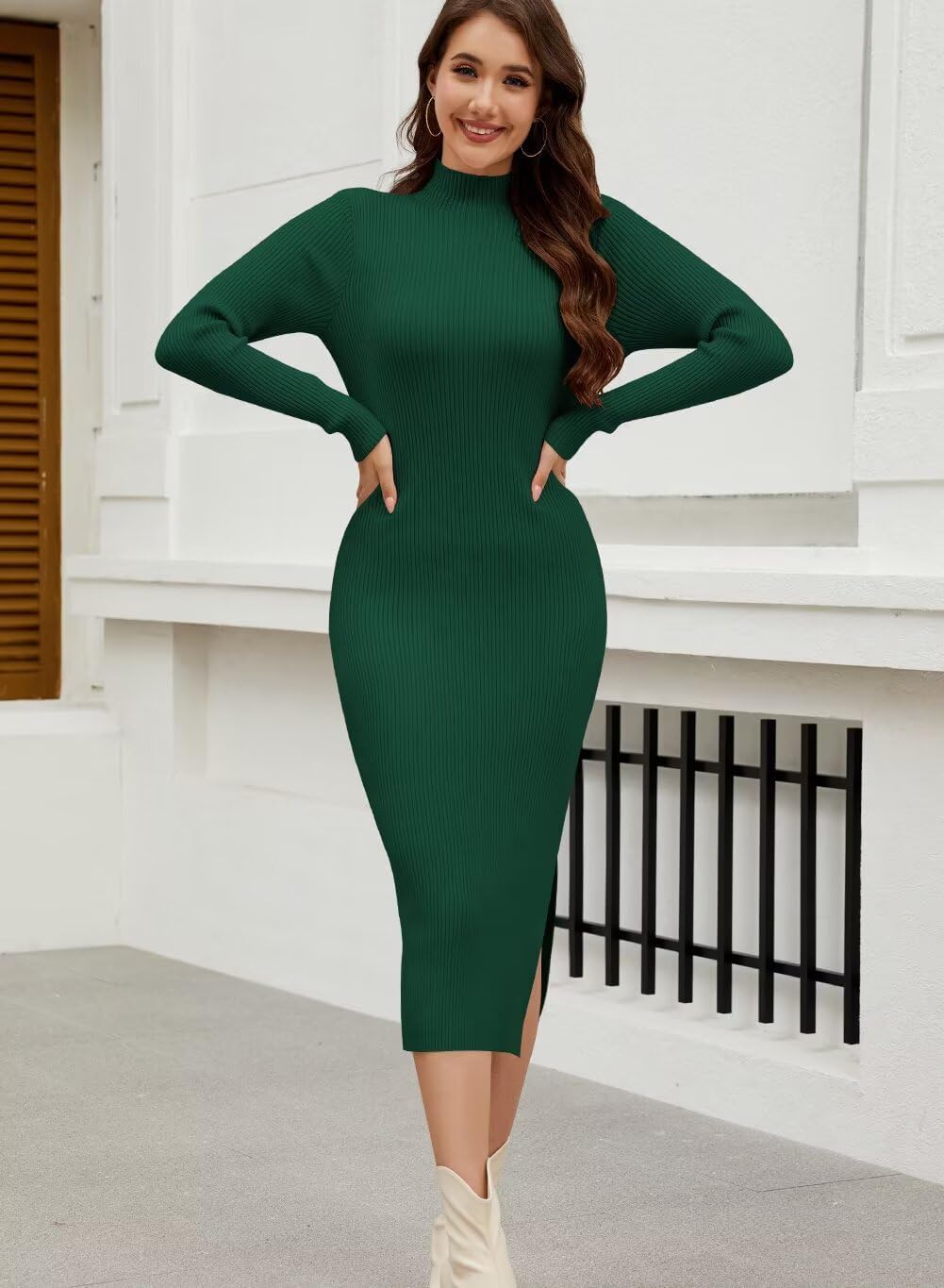 Wkior Women Long Sleeve Midi Dress Crewneck Bodycon Ribbed Knit Slim Sweater Dress 2025 Fall Trendy Outfits - Image 2