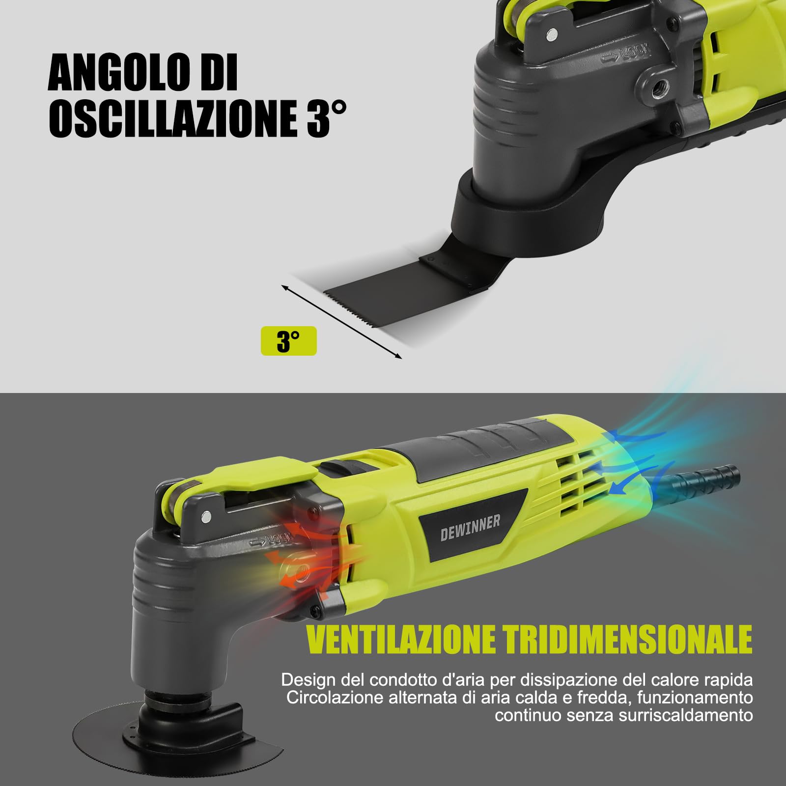 DEWINNER Utensile Multifunzione Oscillante, 300W Multiutensile Oscillante 15000-22000RPM, 28 Accessori, 6 Velocità Variabili, Angolo di Oscillazione 3°, Impugnatura Ausiliaria e borsa per il trasporto