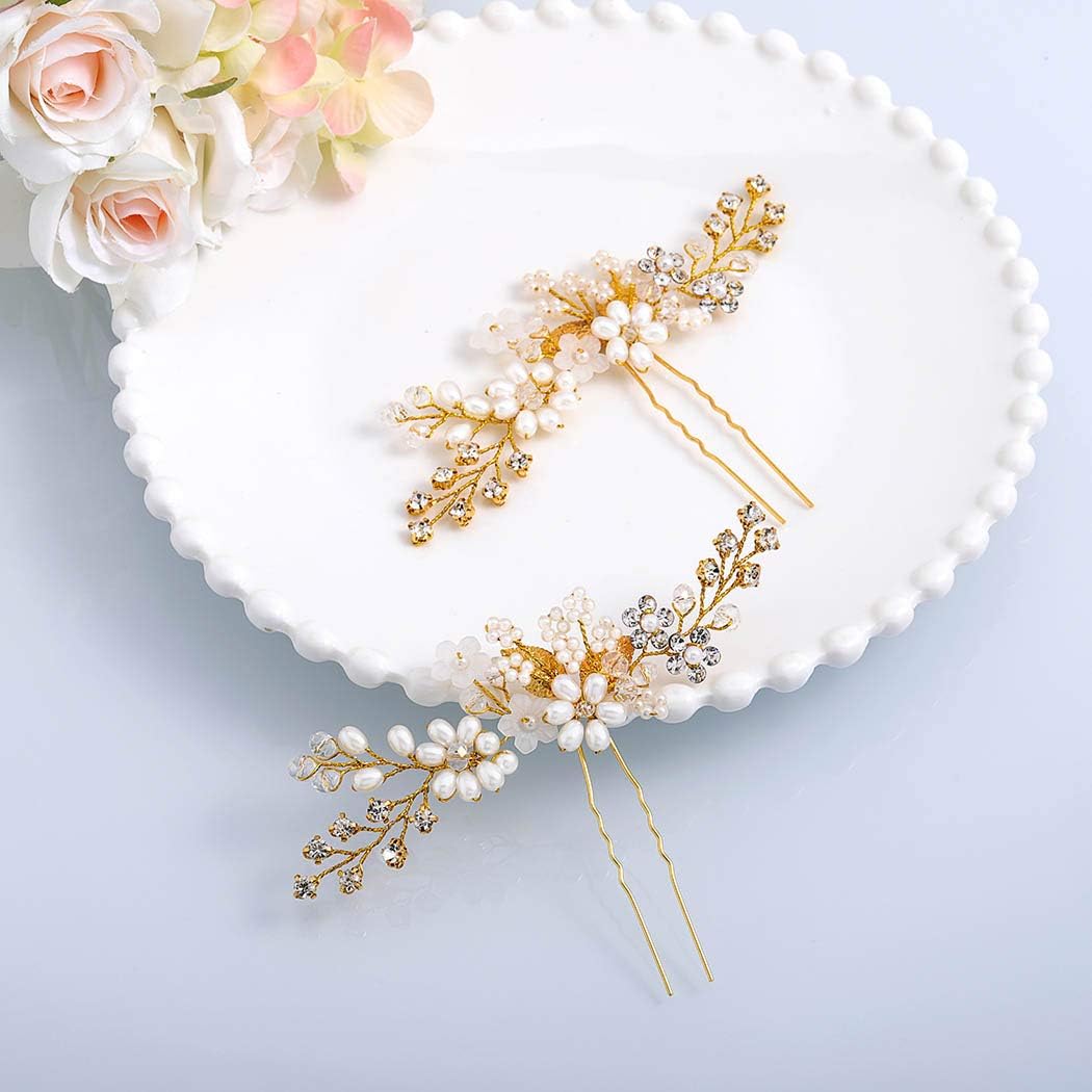 IYOU Bridal Wedding Hair Pins Sliver Sparkly Crystal Hairpin Leaf Pearl Hairpiece Bride Flower Hair Accessories for Women 2pcs (Gold) - Image 5