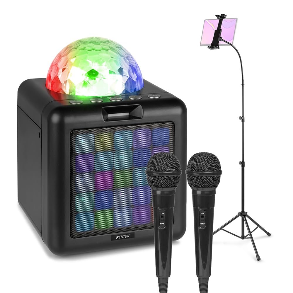 Fenton KAR15 Black Bluetooth Karaoke Machine Speaker System with Tablet Stand, LED Lights, 2 Microphones, Voice Effects, Rechargeable - Perfect for Home Karaoke with Tablet