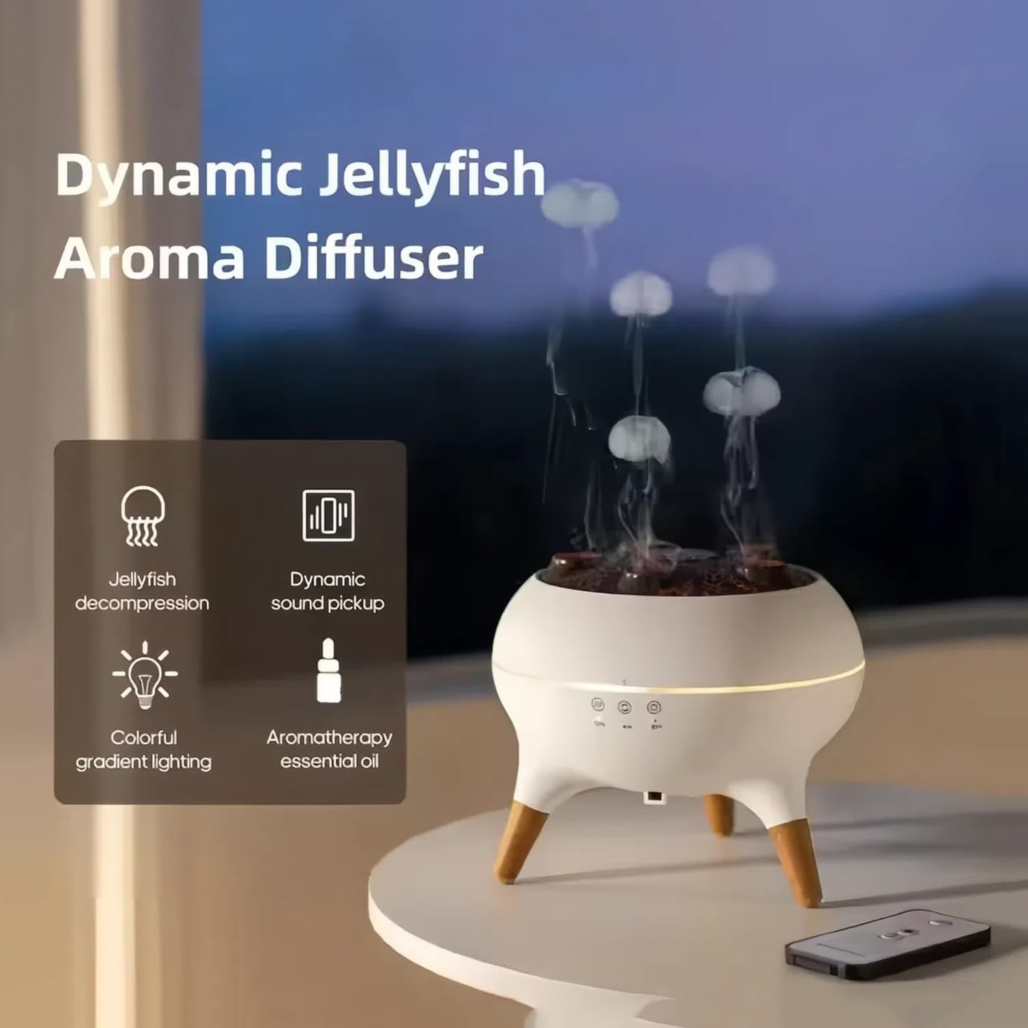 AEDNX Dynamiczny nawilżacz powietrza 3 w 1, dyfuzor meduzy, dyfuzor meduzy, nawilżacz aromaterapeutyczny, nawilżacz powietrza 28 dB Cool Mis z 7 diodami LED i 2 trybami, dyfuzor R/C do domu, biura