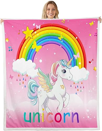 Manta de vellón de unicornio de 40 x 50 pulgadas para niñas, manta Kawaii de unicornio arcoíris para sofá, manta mullida de estrellas galaxia, manta