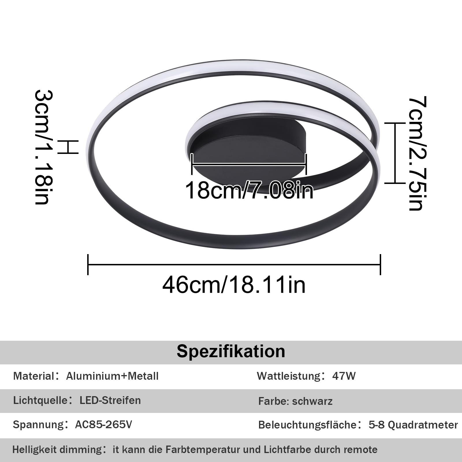 Flush Mount Deckenleuchte mit Fernbedienung Led 18''Runde dimmbare Badezimmer Deckenleuchte Flur Licht mit 3 Farbtemperatur Lampe 47W für Schlafzimmer Flur Küche (Schwarz)