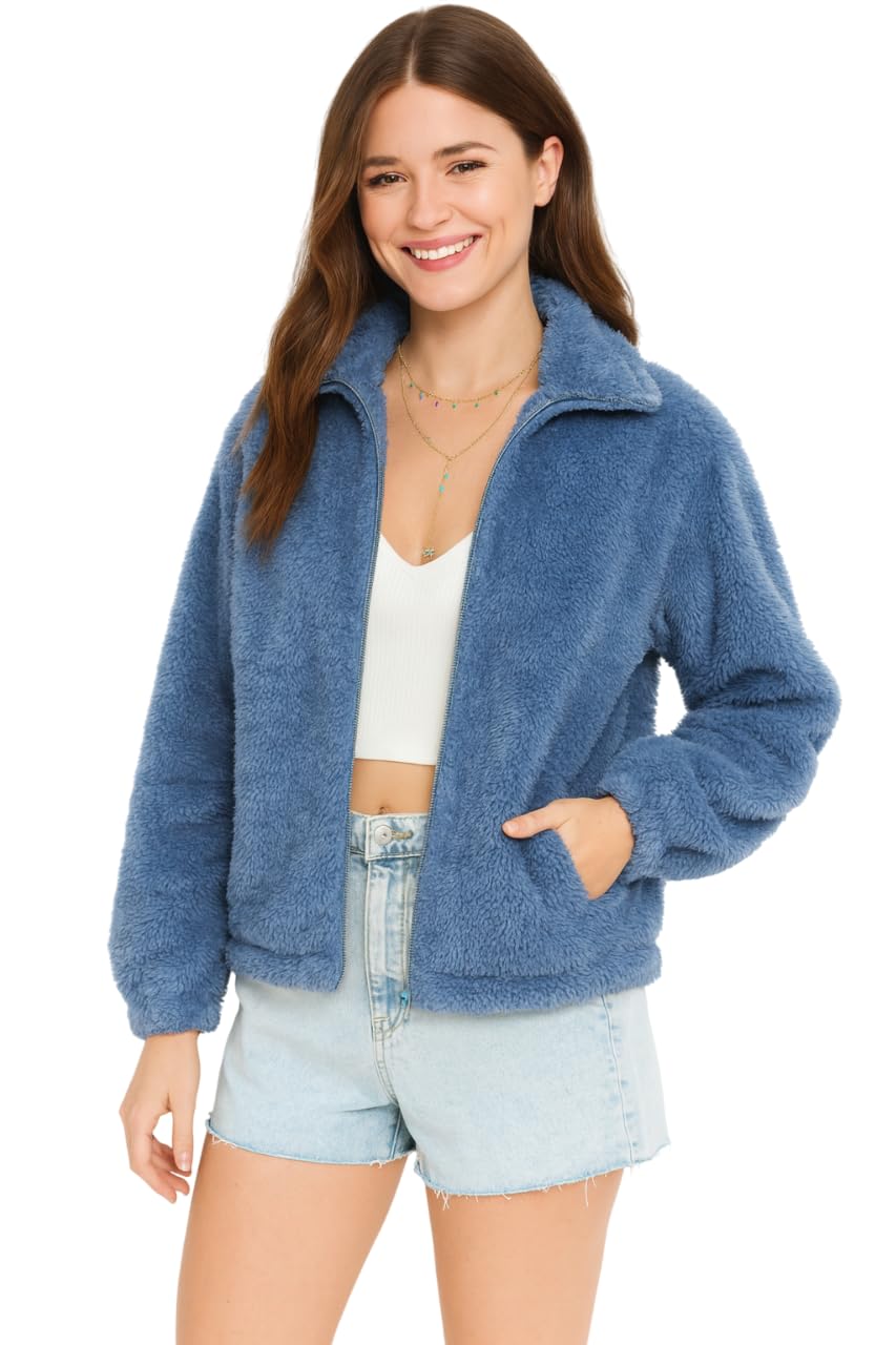 the dry state Women's Fur Jacket With Wing Collar & Front Zip Open-picture-11