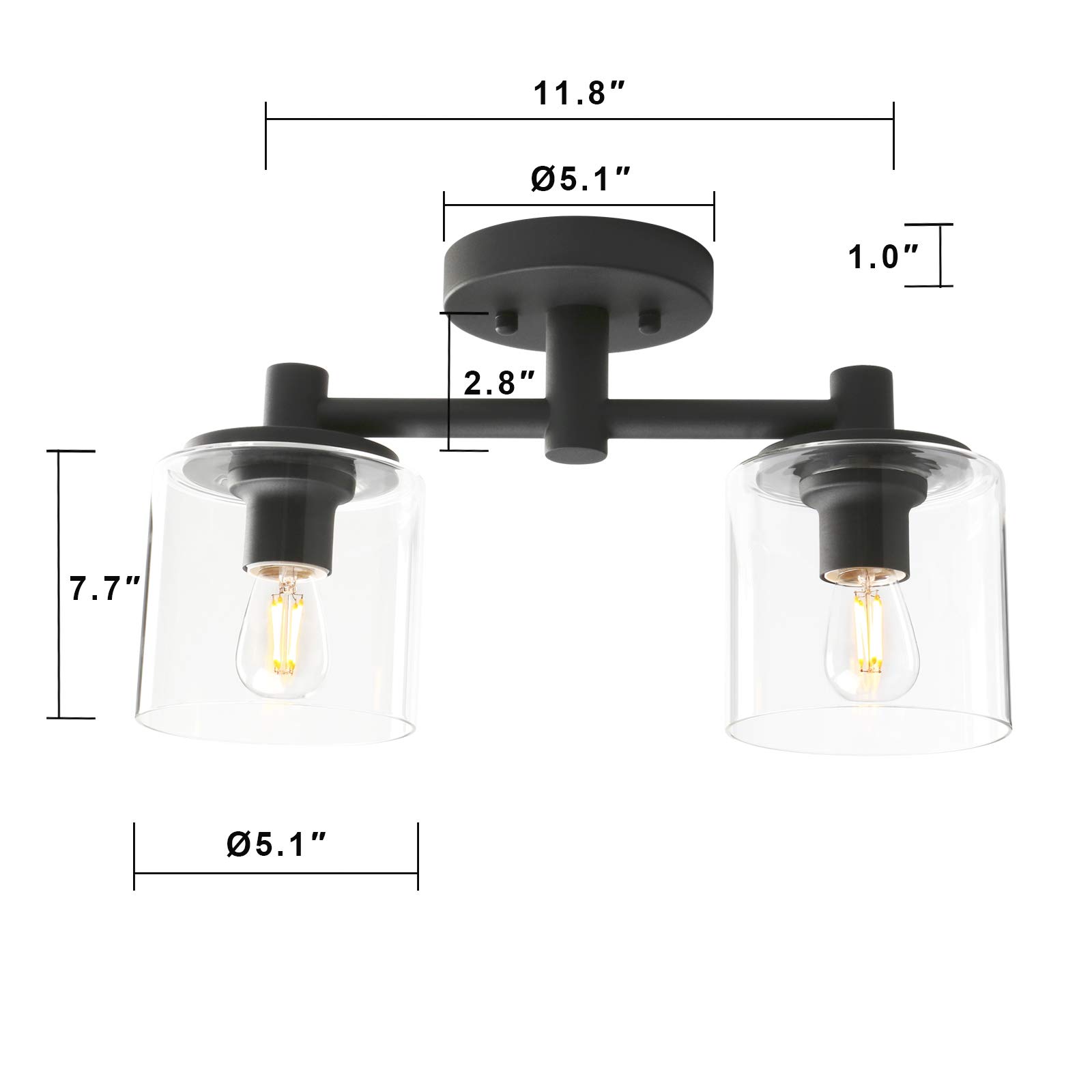 Pathson 2-Light Semi Flush Mount Ceiling Light, Industrial Pendant Lighting Fixture with Glass Shade, Ceiling Chandelier Lamp for Hallway Loft Kitchen Bar