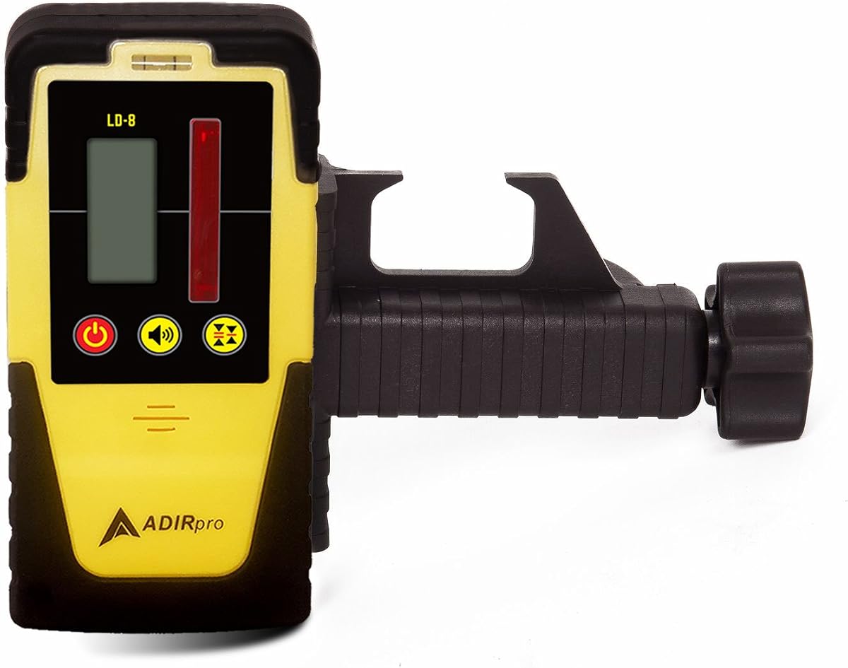 Universal Rotary Laser Detector (LD-8) - Digital Rotary Laser Receiver with Dual Display and Built-In Bubble Level, Compatible with Most Red Rotary Lasers - Rod Clamp Included