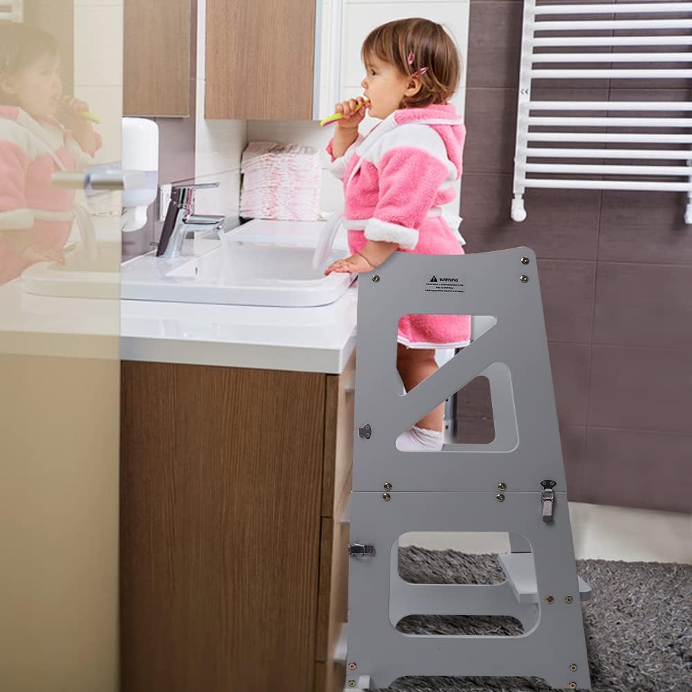 YOLEO Lernturm ab 1 Jahr, 3 in 1 Learning Tower für Kinder, Klappbare Tritthocker mit Rausfallschutz, mit doppelseitiger magnetischer Tafel, Küchen-/Badezimmerhelfer (Grau)