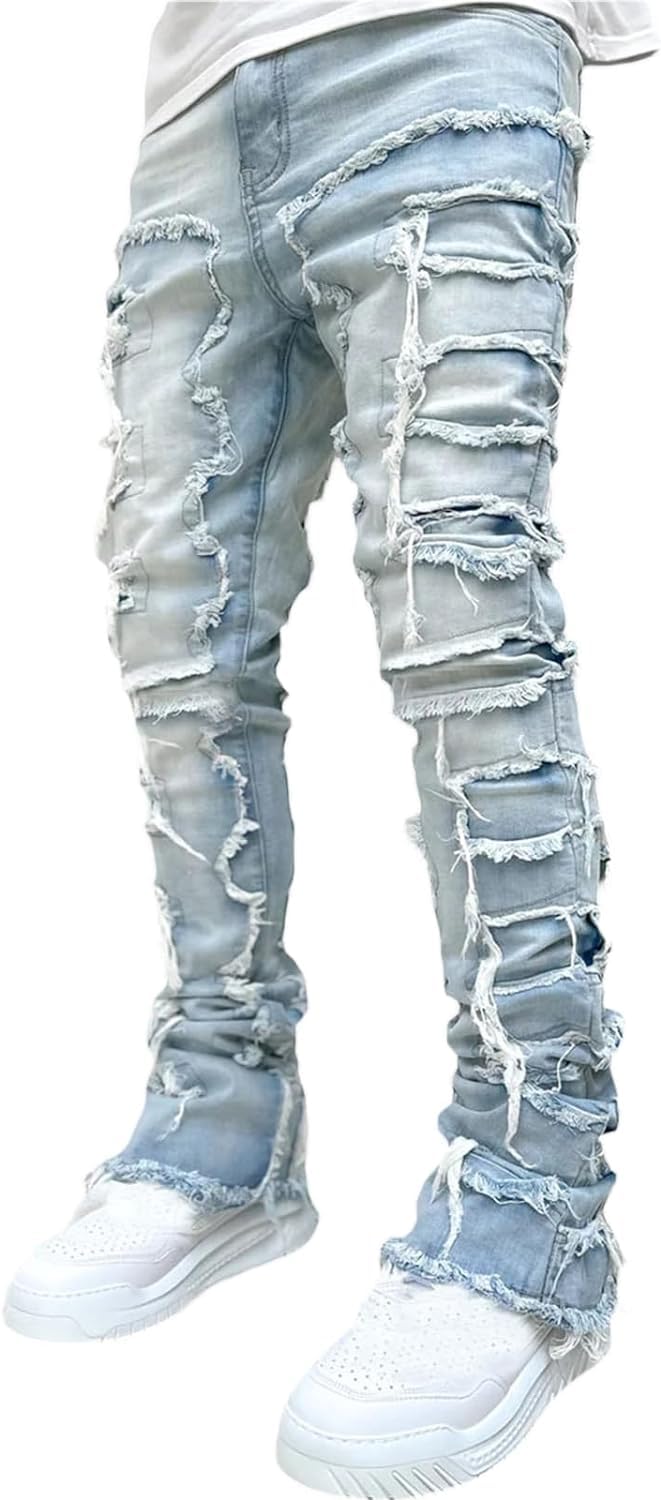 Pantalones Vaqueros para Hombre Y2K Stretch Patch Denim Straight Pants Men's Gothic Ripped Straight Workwear Fashion Streetwear