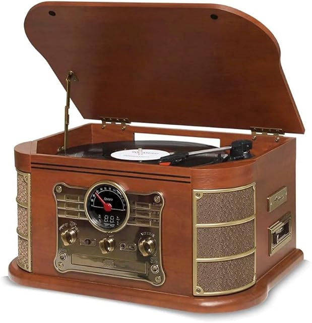 Raveo Vitrola Spazio com Toca-discos de 3 velocidades, Rádio FM, CD e Cassete players, USB e SD (reproduzem e gravam), entrada e saída auxiliares e tecnologia de conexão Bluetooth, Grande
