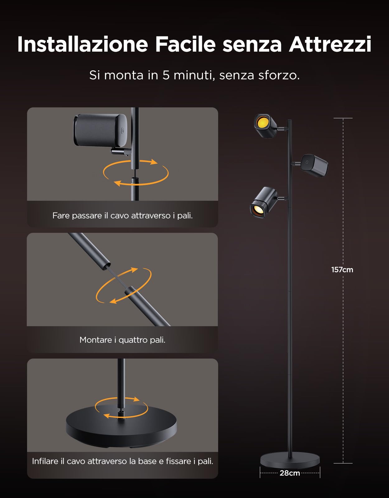 Govee Lampada da Terra LED Angolo Regolabile, RGBWW Lampada 3-Teste 1500lm | 2700-6500K, Matter Alexa Compatibile, 64 Scene, Sinc Musica, Lampade da Terra Nere 157cm per Soggiorno, Camera da Letto, Sala