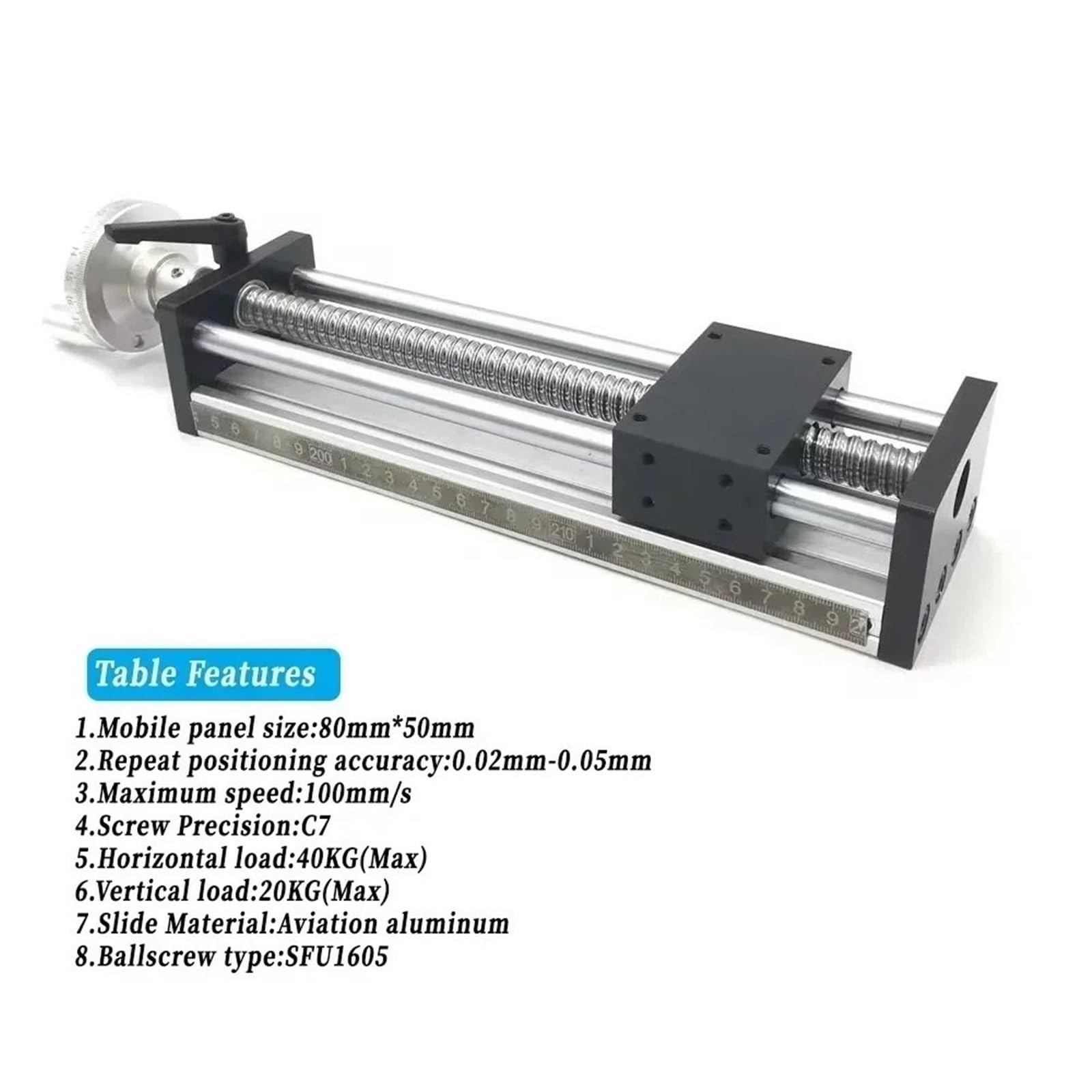 Dual Optical Axis Manual Sliding Table Rail Guide 100mm-300mm Stroke SFU1605 C7 Ball Screw with Handwheel Manual Sliding Table Linear Rail Stage(100mm Stroke)