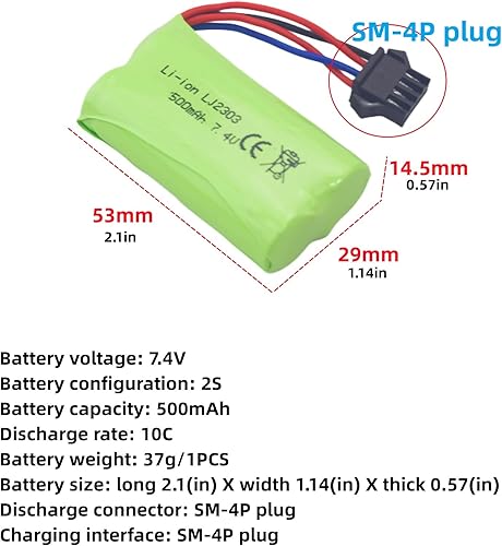 Miniatura 2 de 2 unids 7.4 V 500 mAh SM-4P Plug batería de carga con cable de carga USB para EC16 DE85 RC juguete coche modelo Off-Road Vehículo batería M416
