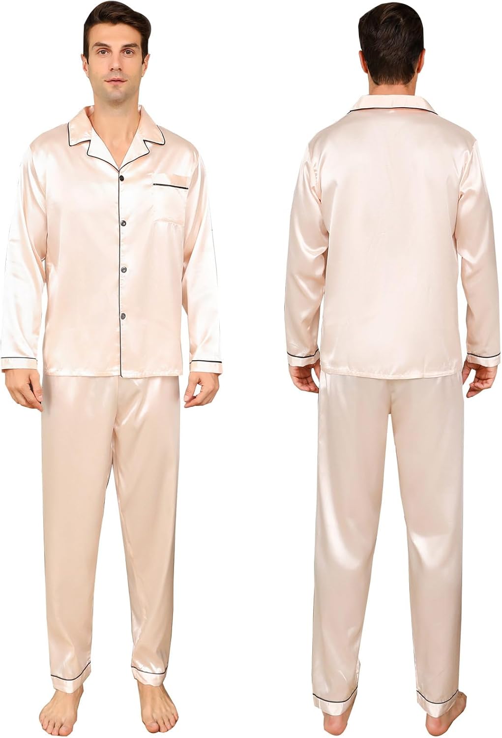 ShuiGod-Mens Silky Satin Pajamas Set Long Sleeve Top and Long pants Nightwear Button-Down Pj Sets Sleepwear - Image 2