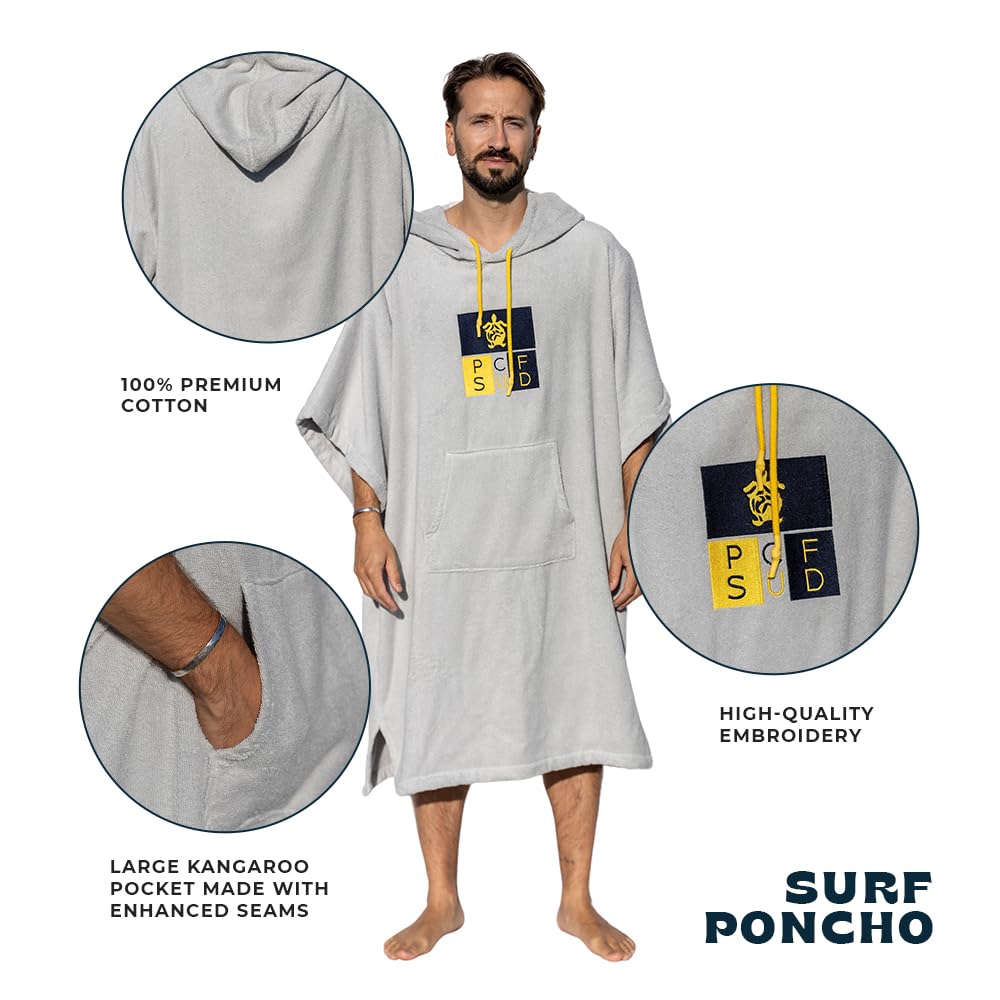 Poncho Surf Jasnoszary z rękawami - Jeden rozmiar - 100% Bawełna Premium - Wyprodukowano w Portugalii