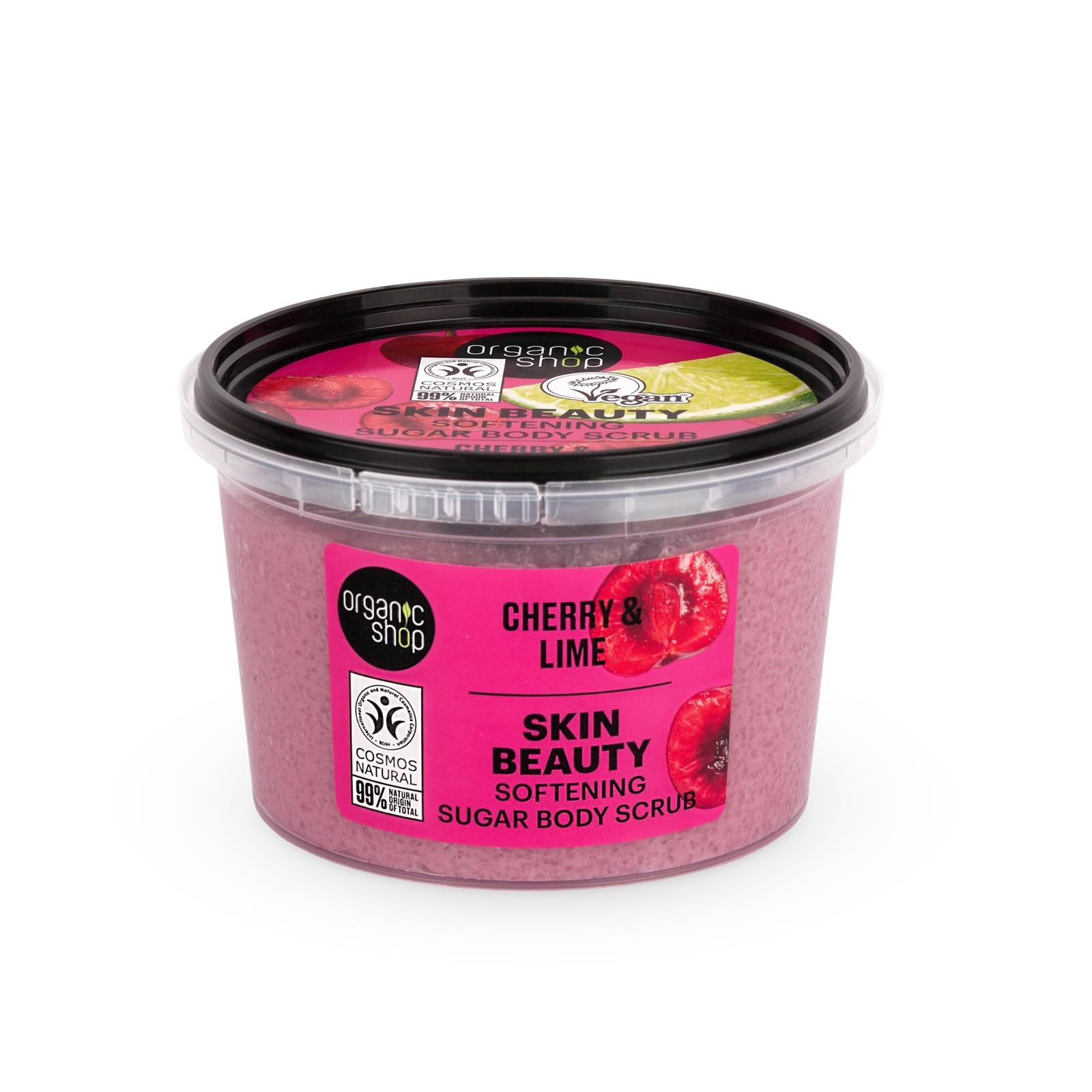 Cherry & Lime, Sugar Softening & Exfoliating Body Scrub, 100% Vegan & Organic, Daily Exfoliant, Detox & Moisturizer, Body, Face, Hand & Foot, Intensive Care & Skin Toning. 250ml.