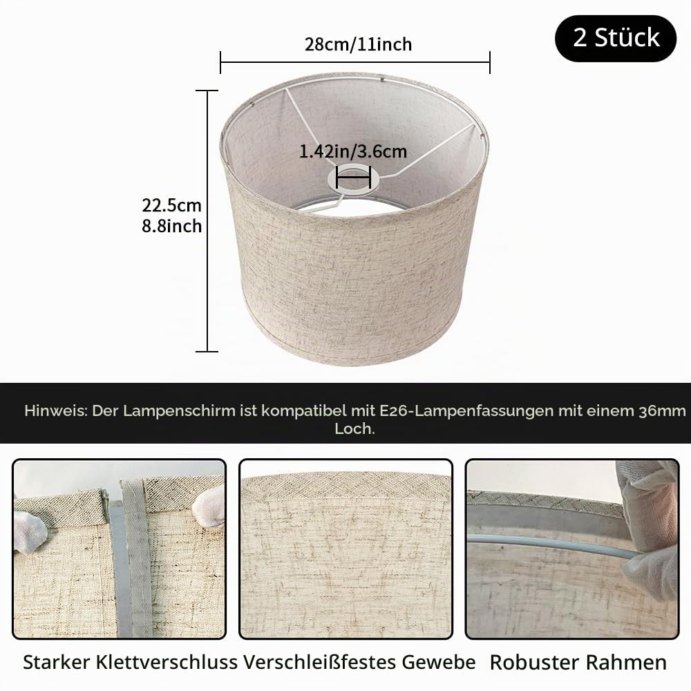 Stoff Lampenschirm, Ø 28cm, Mittlerer Trommel Lampenschirm für Tischlampe Stehlampen, Naturleinen Leicht zu montierende, E27 Fassung, 11" x 8.85" (Weiß)