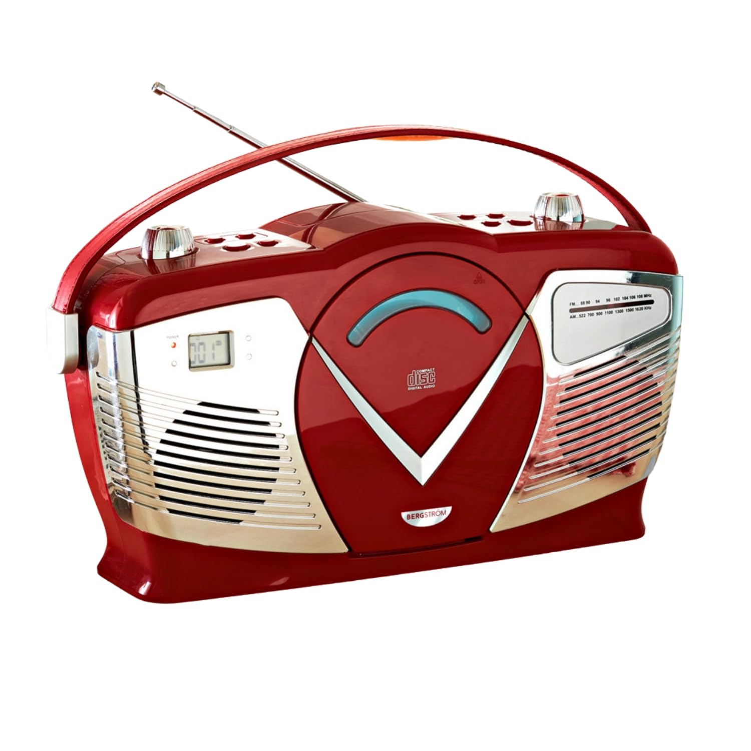 3 PAGEN® Retro Stereo-Anlage Boombox – tragbarer CD-Player mit Radiofunktion – Netz- und Batteriebetrieb möglich – ideal für Unterwegs & Zuhause – USB-Anschlüsse – Tragegriff in Lederoptik - rot