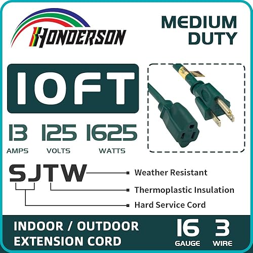 Miniatura 3 de Cable de extensión para exteriores de 10 pies, 163 SJTW, cable de extensión verde duradero con enchufe de 3 clavijas para mayor seguridad, ideal
