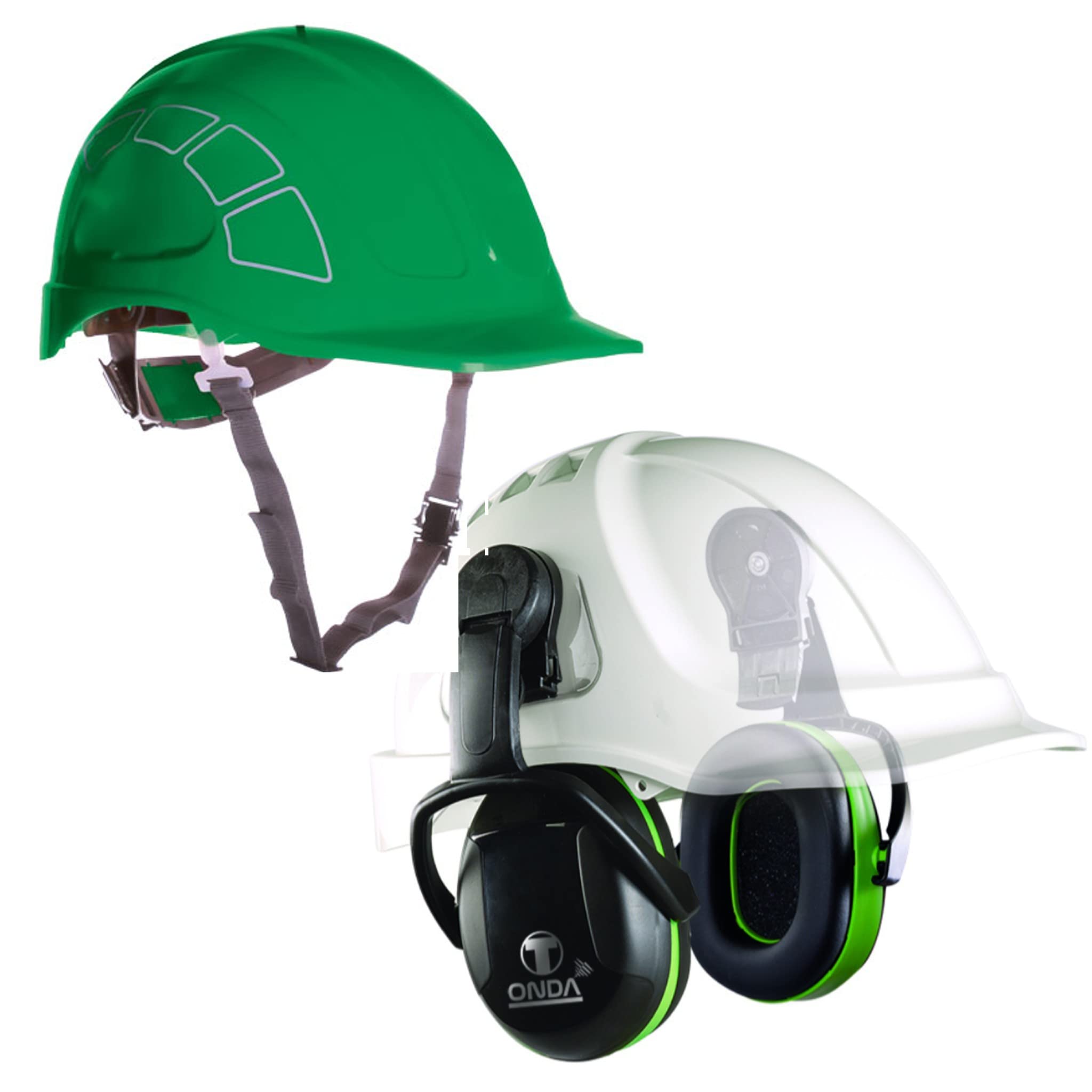 Bricoloco Sicherheitshelm mit Ohrenschützer gegen Geräusche für Industrie und Baustelle. (Grün (mittel-niedrig)