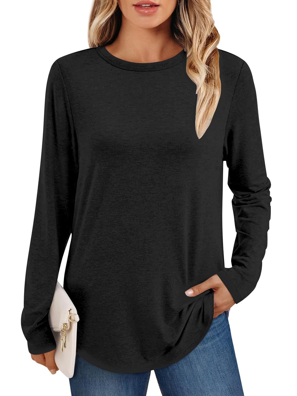 AirMood Maglietta casual da donna a maniche lunghe, tinta unita, girocollo, vestibilità ampia