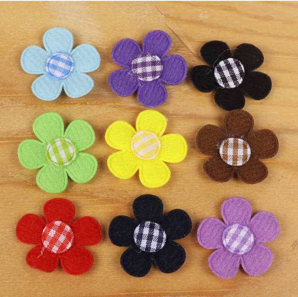 Image of YYCRAFT Pack of 90pcs 1 inch Padded Spring Felt Flower with Gingham Centre Appliques-9 Colors