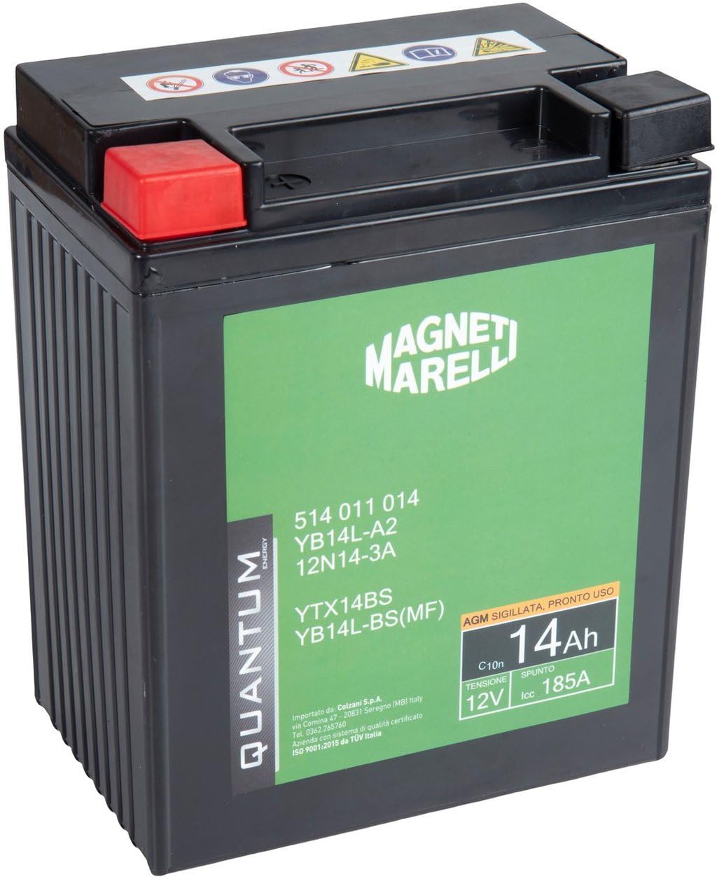 Quantum Energy Batería Magneti Marelli para motocicletas y scooters, 14 Ah, 12 V, 185 A, sellada, tecnología AGM, polo positivo izquierdo