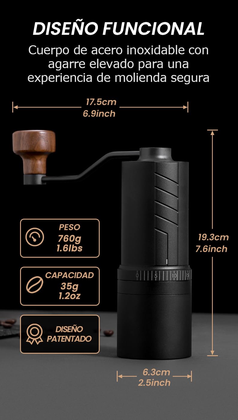 Vevok Chef Molinillo de café manual O20 – 20 niveles de ajuste externo, capacidad de 35 g con estuche de viaje y equipo de limpieza, molienda consistente, molinillo de café de mano de acero inoxidable