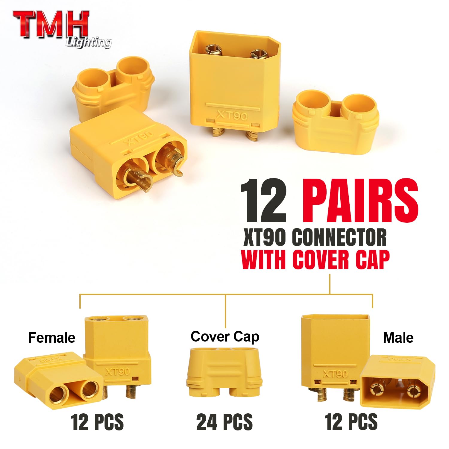 TMH 12 Pairs XT90 Connector with Heat Sheath XT-90 Male Female Bullet Connectors Power Plugs for RC Lipo Battery Motor (Pack of 24)