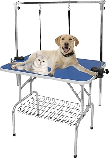 47" Large Dog Grooming Table, Dog Drying Table with Adjustable Arm, Basket, Noose & Mesh Tray, Stainless Steel Bar Hanging Leash Dog Cat Bathing Table, Non-Slip Rubber Tabletop Pet Groomming Trimming Table Stand, Maximum Capacity Up to 330 LBS