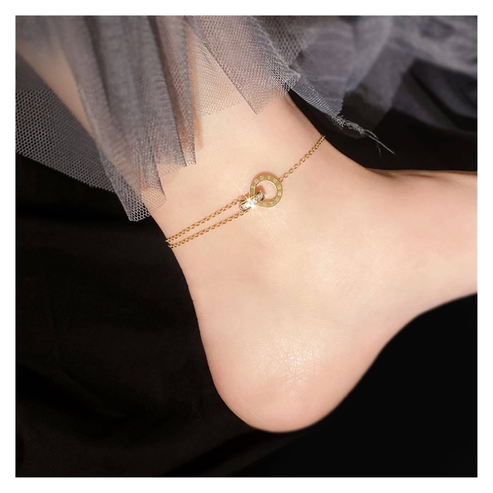 Tobilleras/Tobilleras Joyería de Moda Zircon Incrustado Adornos de Tobillo Redondo Charm Chain Tobillera para Mujeres Pulseras de Tobillo (Color : Gold)