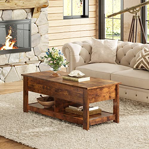 Image of WLIVE Coffee Table, 47 inch Lift Top Coffee Table with HiddenCompartment and 2 Storage Shelves for Living Room, RusticBrown