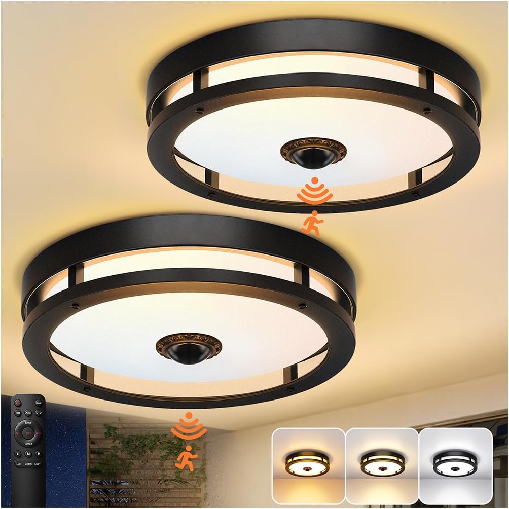 Outdoor Motion Sensor Ceiling Light with Remote,24W Dimmable & 2700K-3000K Adjustable Exterior Flush Mount Ceiling Lights,12" Outdoor Porch Light Fixture for Garage,Entryway,Patio,2 Pack