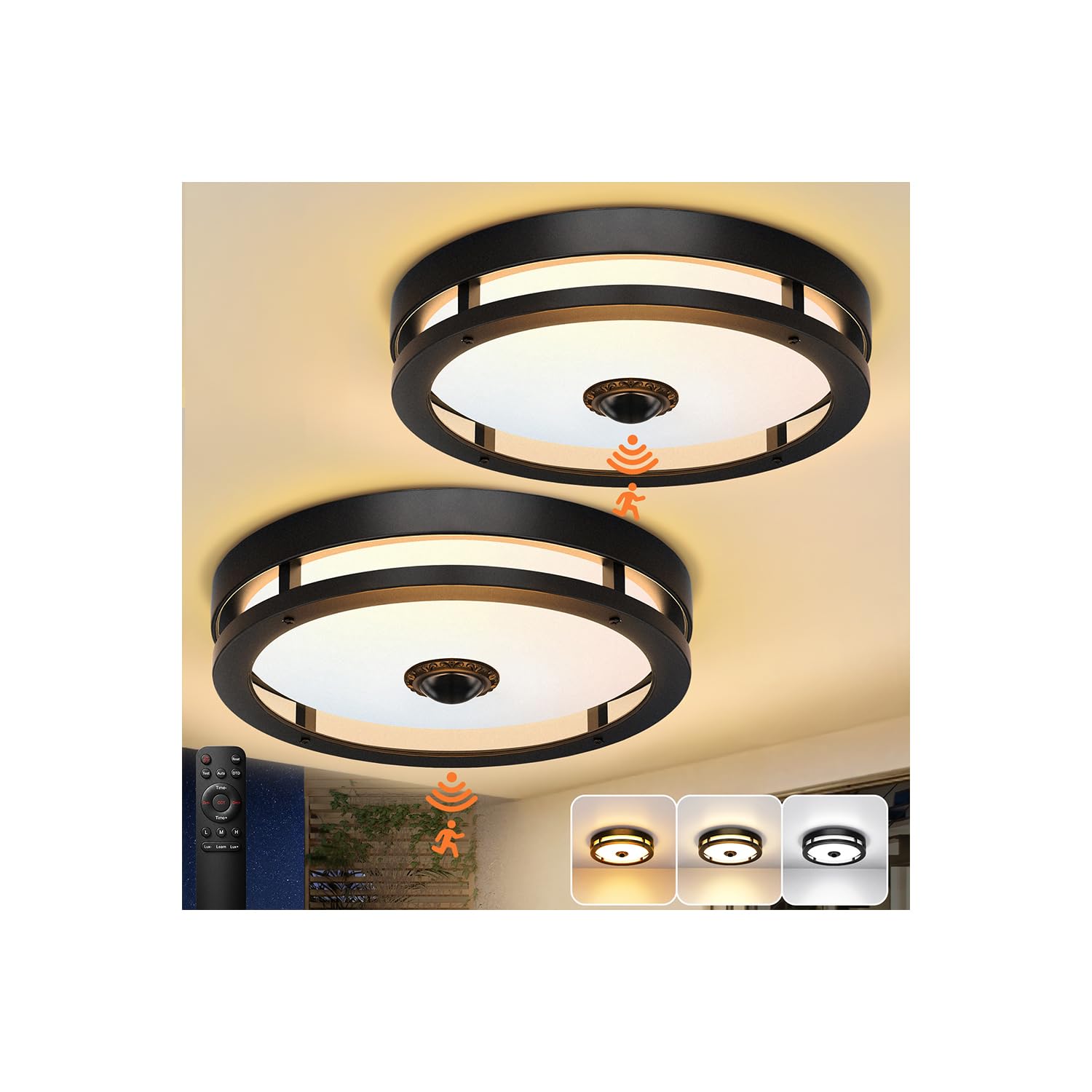 Photo 1 of Slypadan Outdoor Motion Sensor Ceiling Light with Remote,24W Dimmable & 2700K-3000K Adjustable Exterior Flush Mount Ceiling Lights,12" Outdoor Porch Light Fixture for Garage,Entryway,Patio,2 Pack